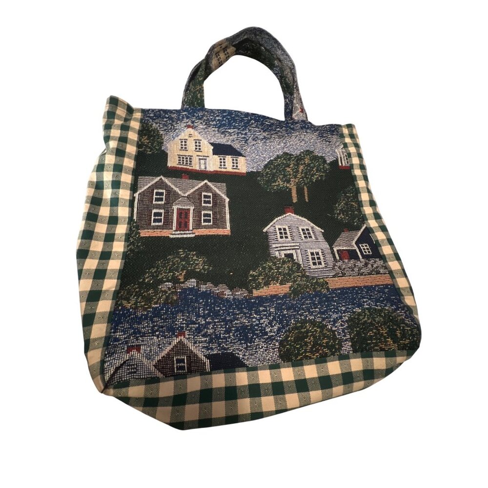 Handmade At Home Tapestry Tote Bag With Green Plaid &‎ Scenic House Design